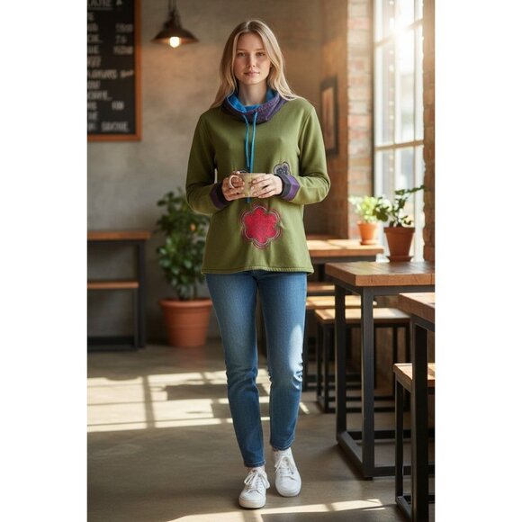 Camden GEKKO Green Pullover Purple & Blue Accents Floral Appliqué Funnel Neck - Picture 7 of 14